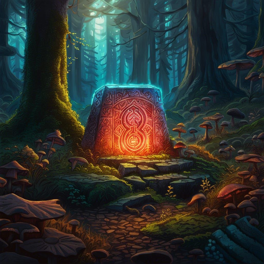 Glowing Runestone in Forest: Watercolor and Ink