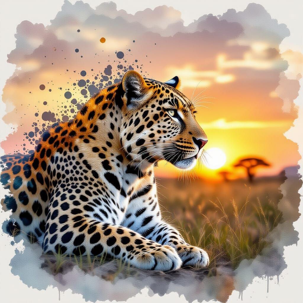 Surreal Leopard Dissolving in Watercolor Savannah