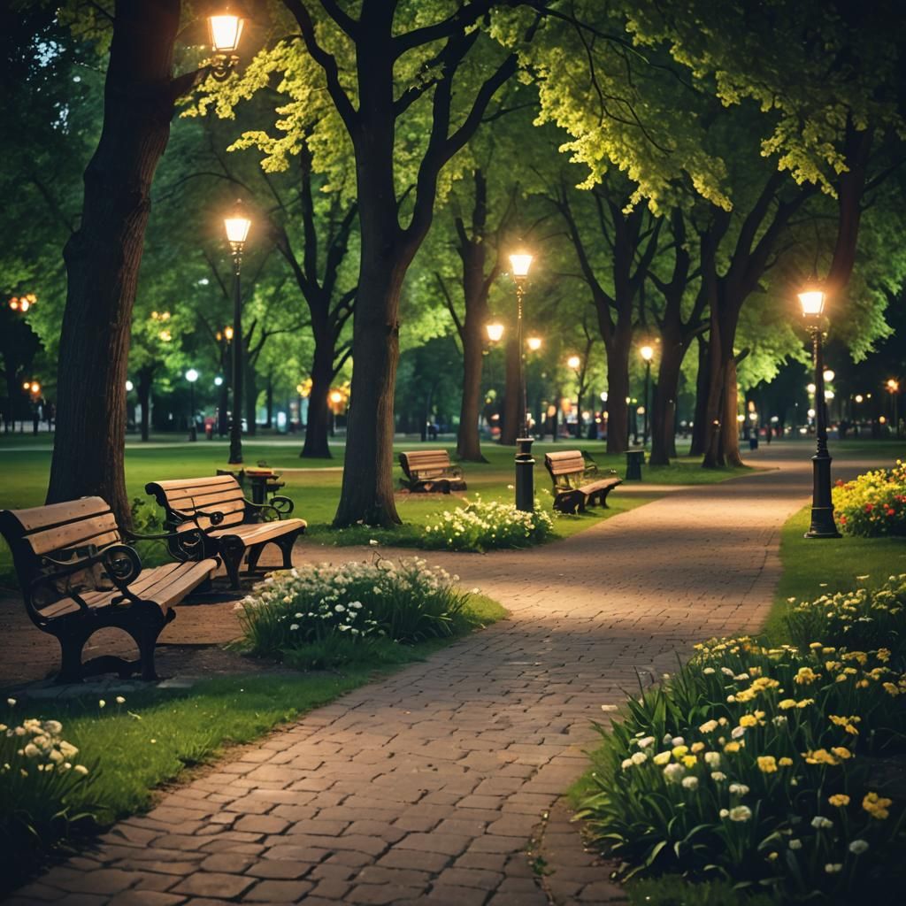 Enchanting Summer Night Park Scene with Bokeh
