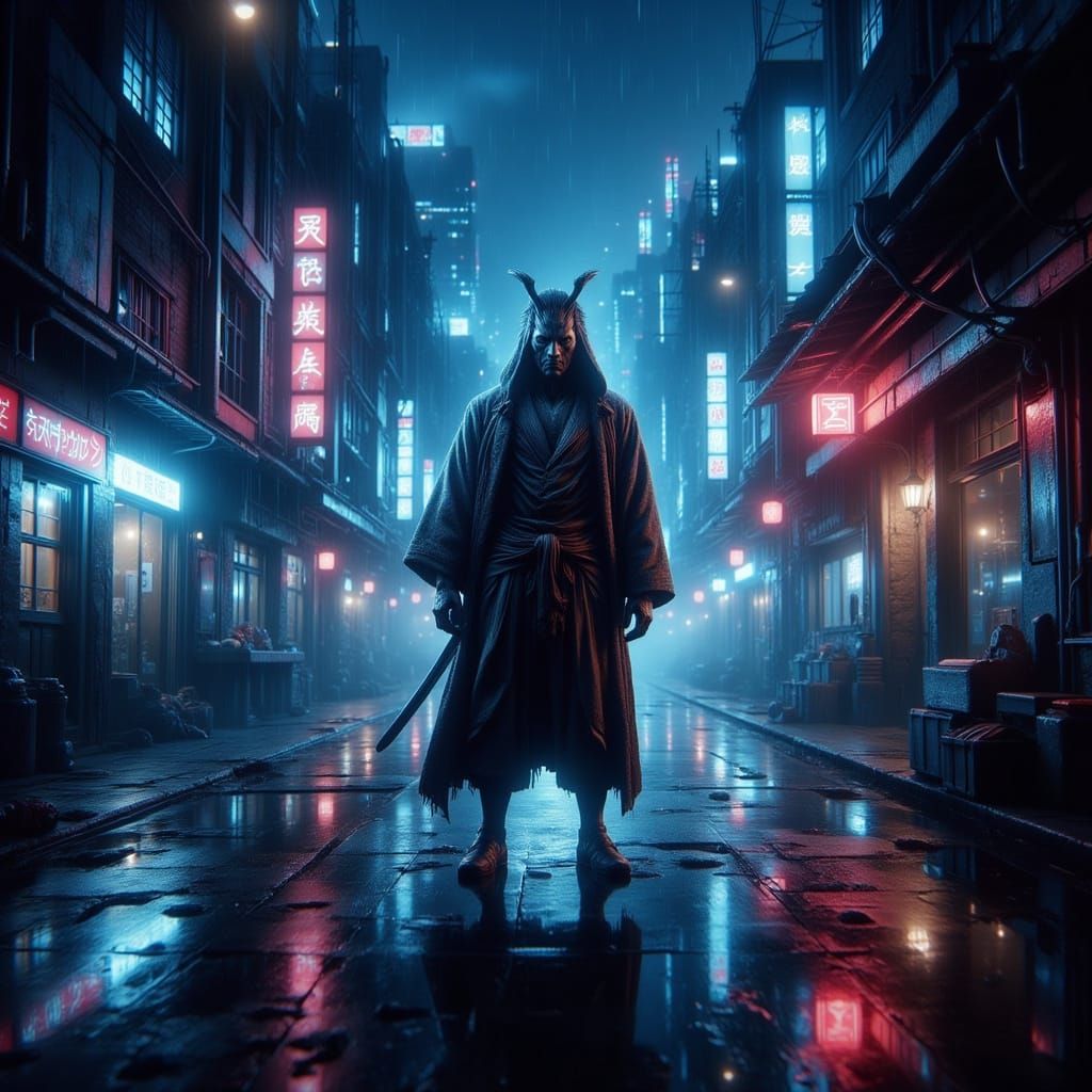 Cyberpunk Samurai on Neon Rooftop