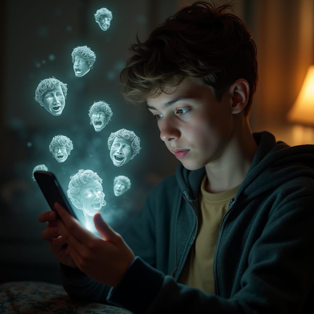 Teenager Mesmerized by Holographic Faces: Hyperrealistic Ren...
