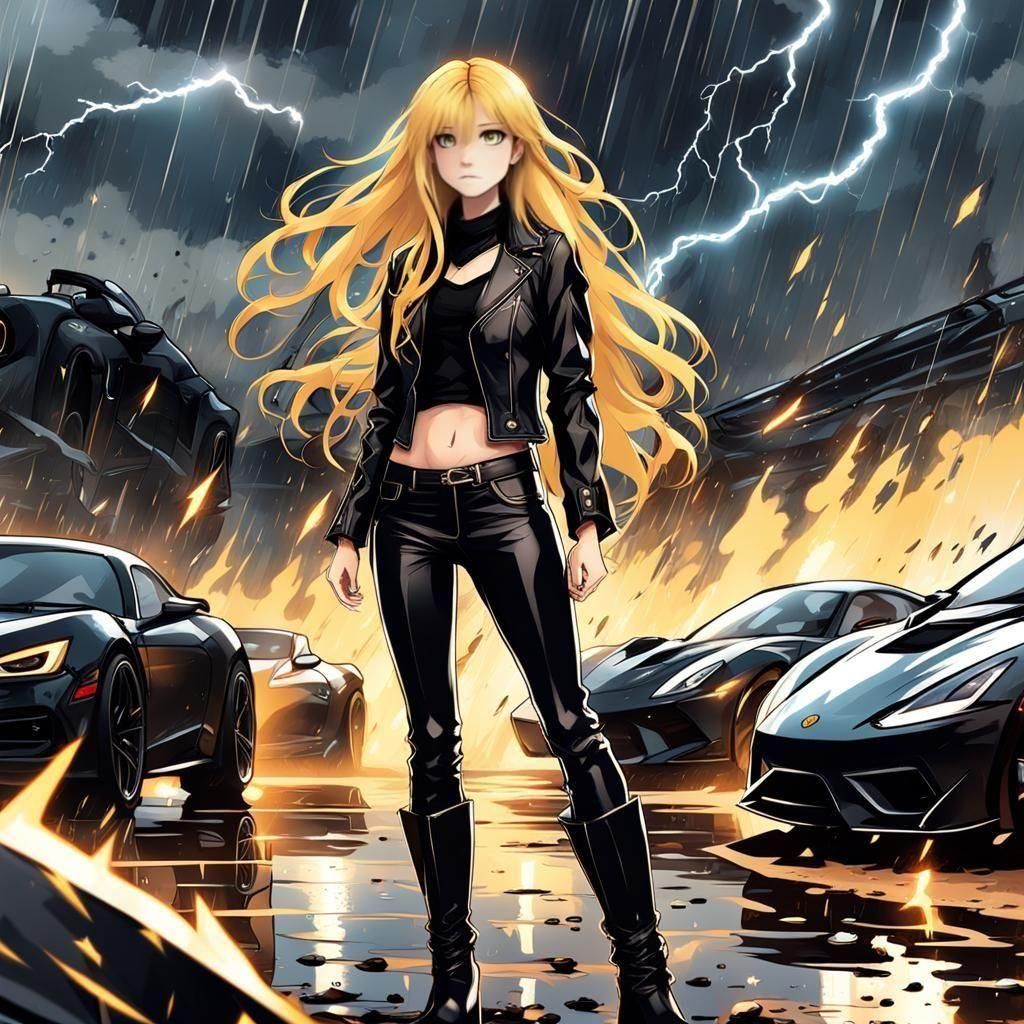 Anime Girl in Rain with Racing Cars