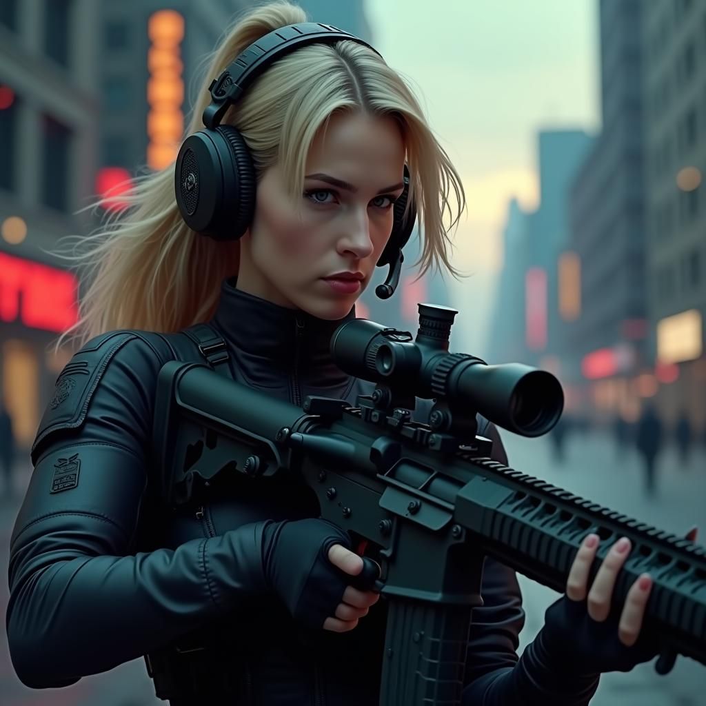 Cyberpunk Sniper Patrolling Futuristic City at Dusk