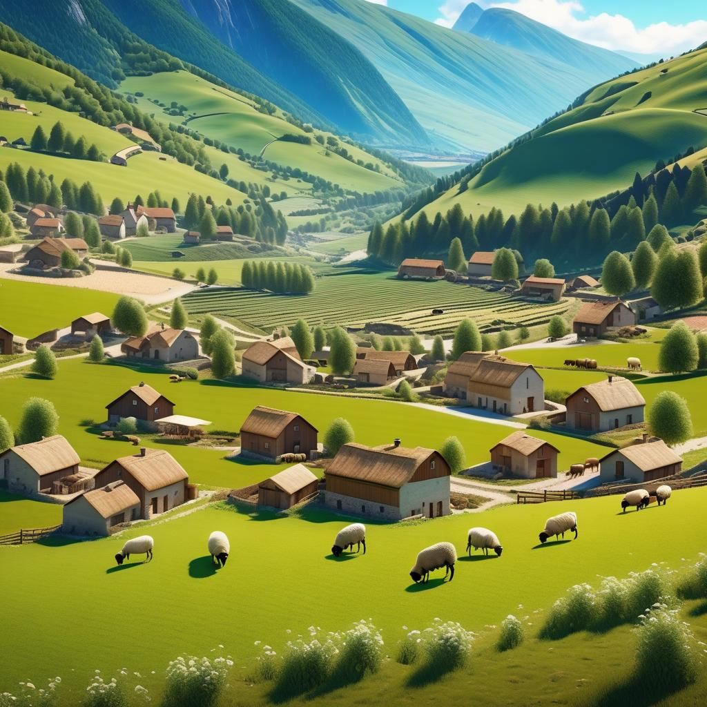 Picturesque Valley Village with Grazing Sheep in 8K