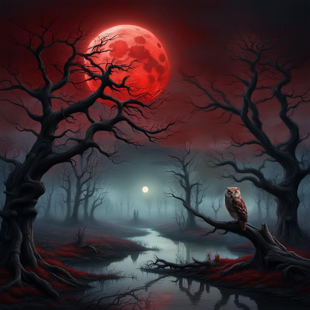 Blood Moon Over Misty Marshes: Dramatic Digital Painting
