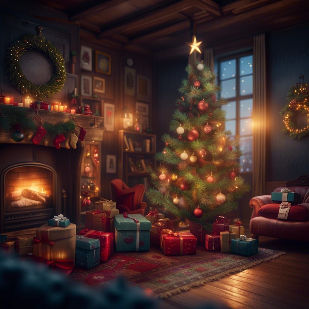 Festive Christmas Living Room: Detailed Fantasy Art