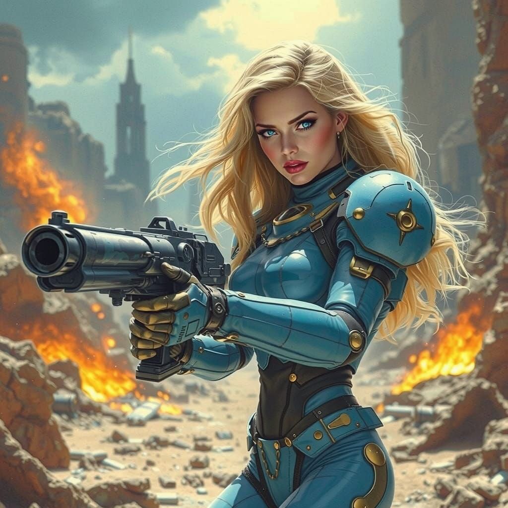 Armored Woman on Alien Battlefield in Retro-Futuristic Style