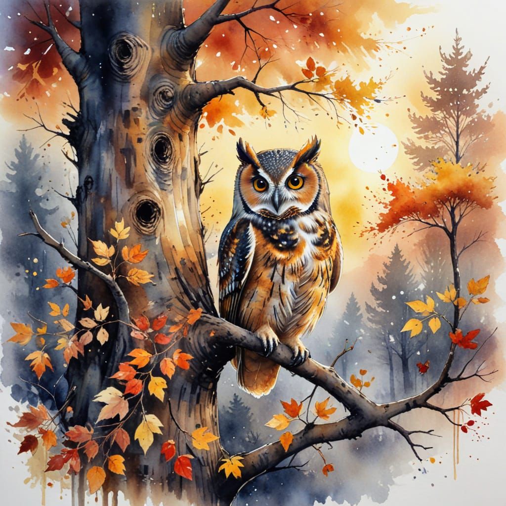Watercolor Owl in Autumn Tree at Sunset