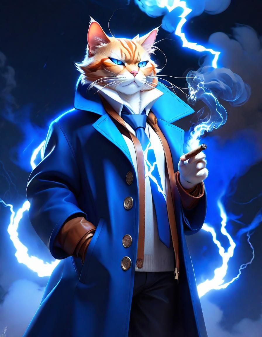 Lightning Cat in Oversized Coat, Fantasy Art