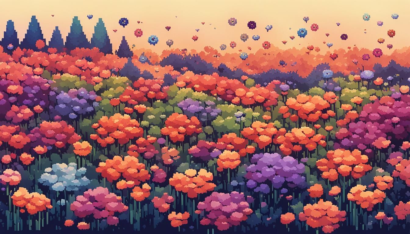 Gradient Flowers and Cats in Pixel Art