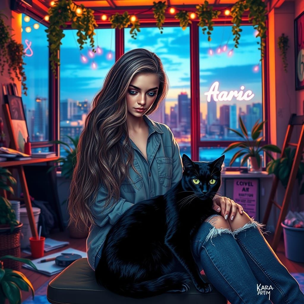 Kara in Urban Loft at Dusk with Cat