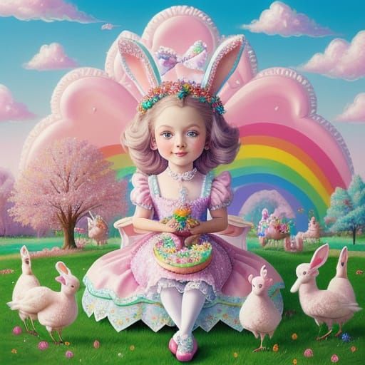 Whimsical Easter Bunny Goddess in Chocolate Throne