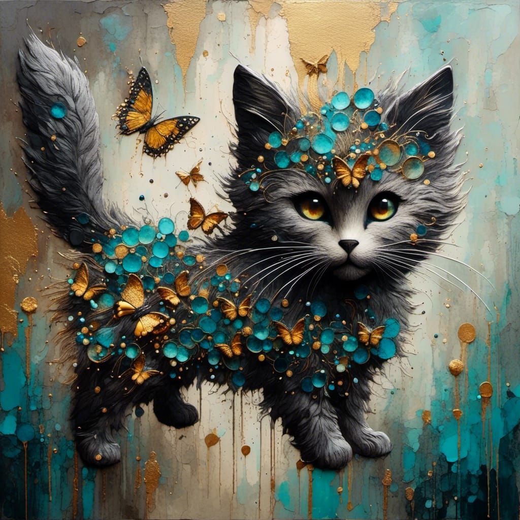 Grey Tabby Cat in Impasto Style on Wooden Floor