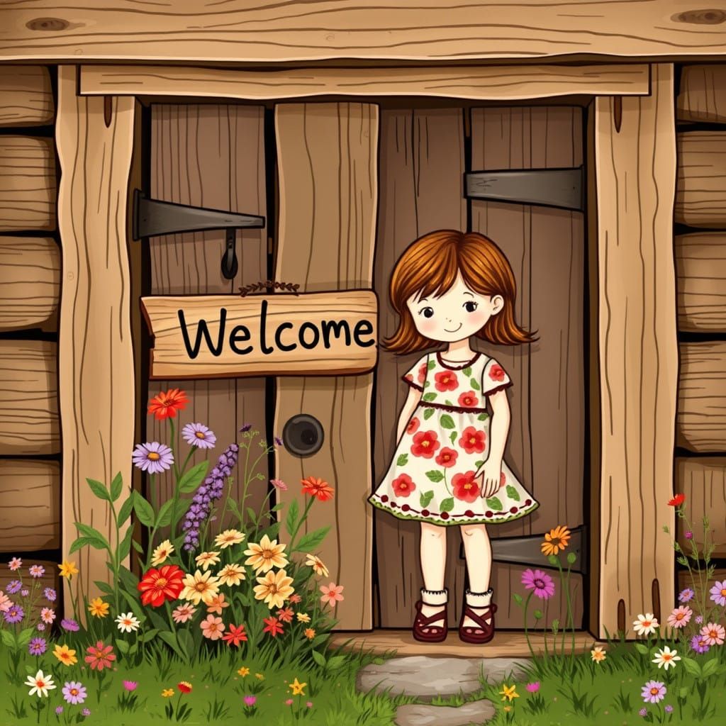 Whimsical Folk Art Scene with Floral Dress and Distressed Do...