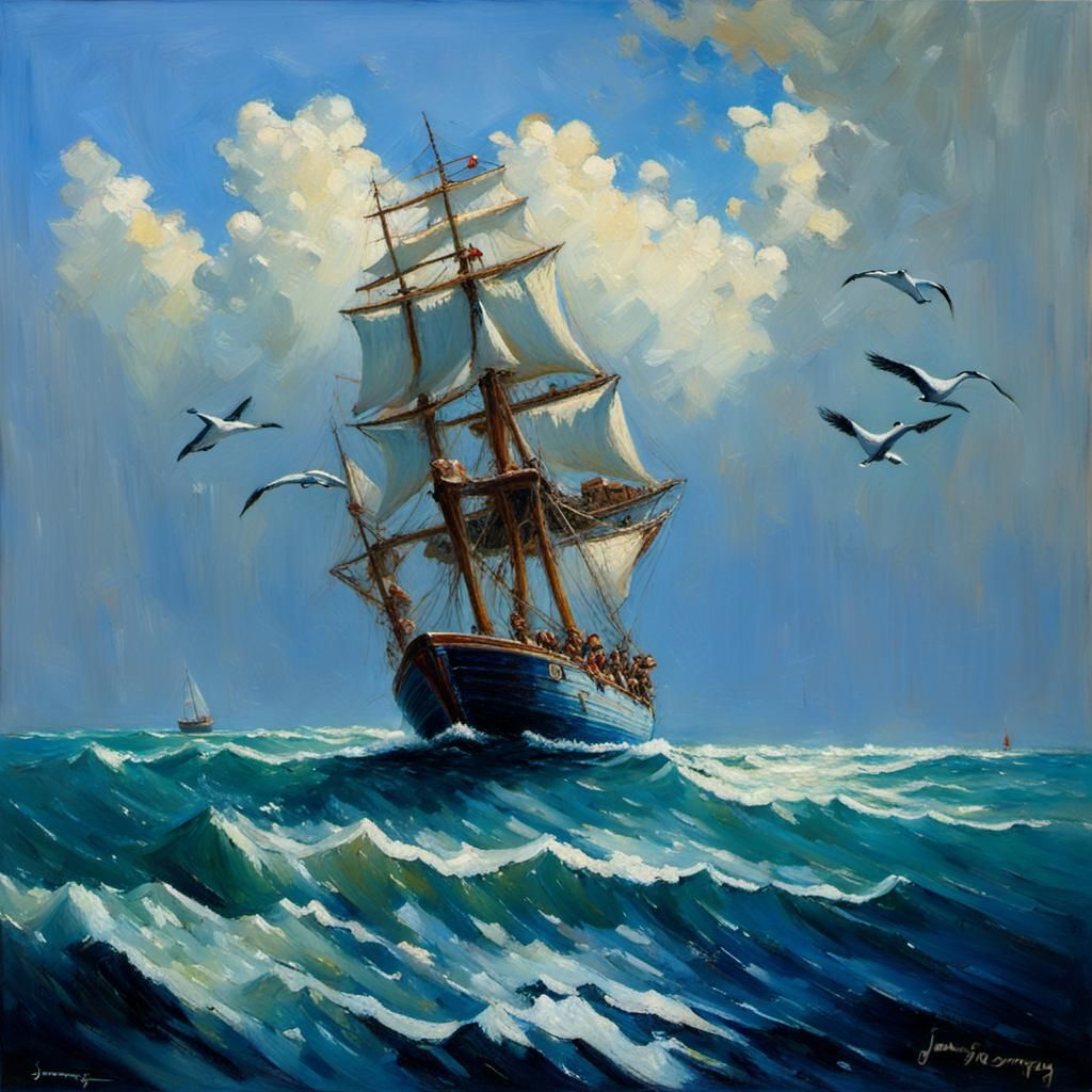Sailor on a Boat in Stormy Seas Painting