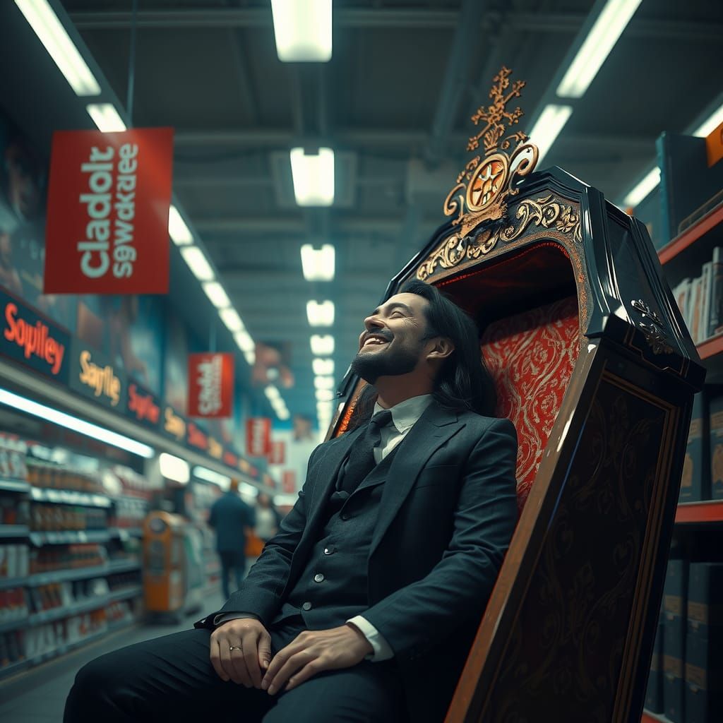 Joyful Coffin Scene in Walmart, Dark Fantasy Style