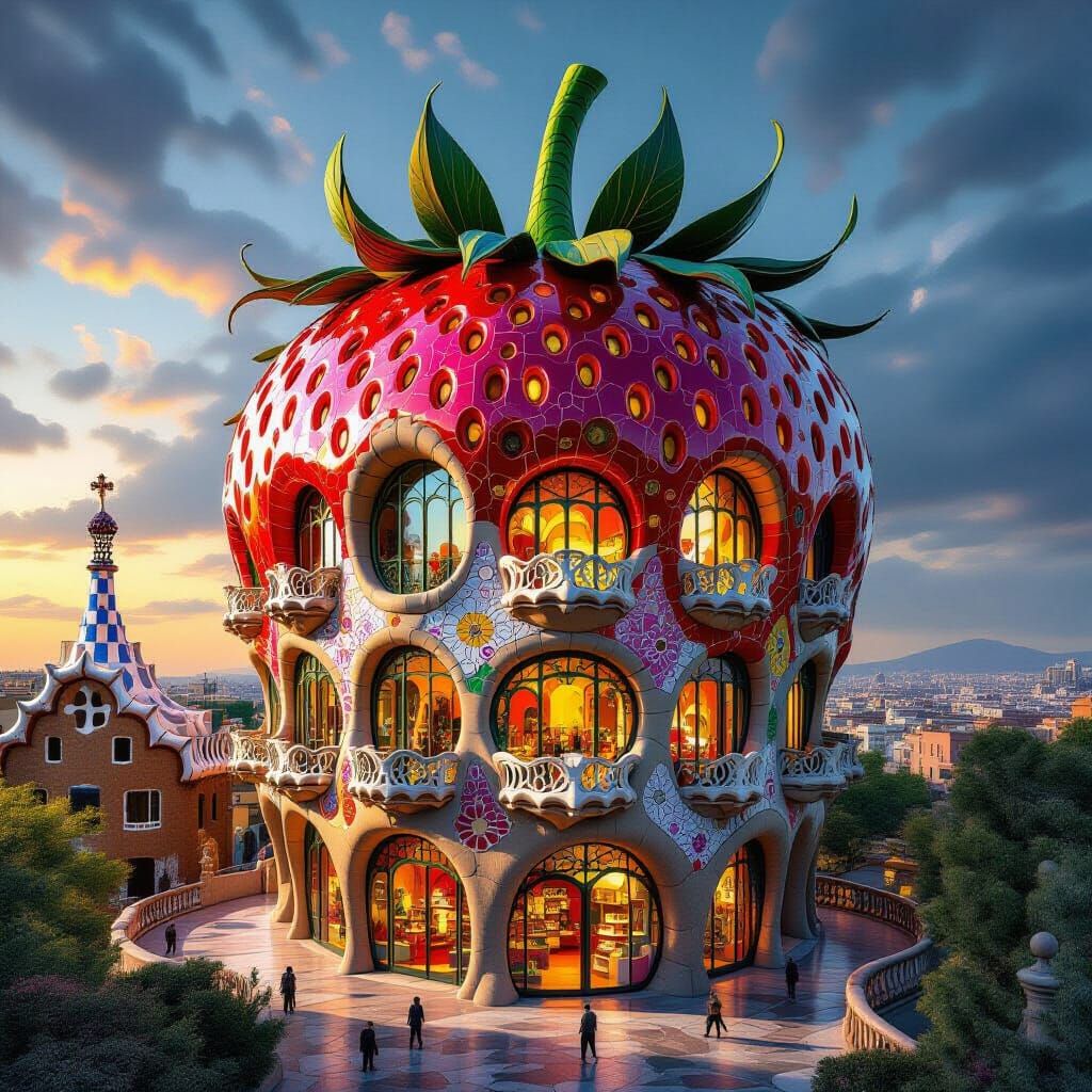 Gaudí-Inspired Strawberry Building with Mosaic Tiles