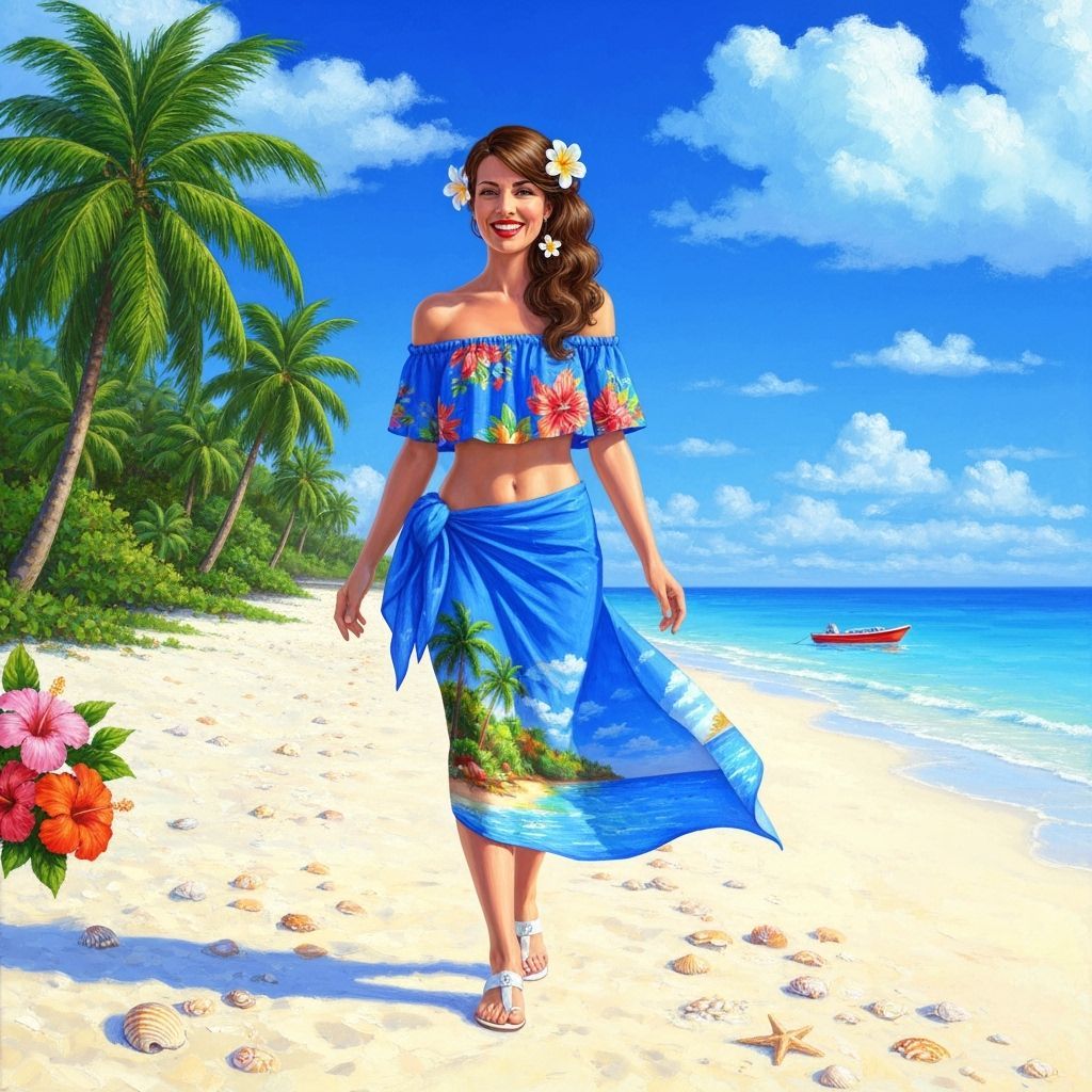 Tropical Beach Scene: Woman in Floral Sarong, Impasto Oil