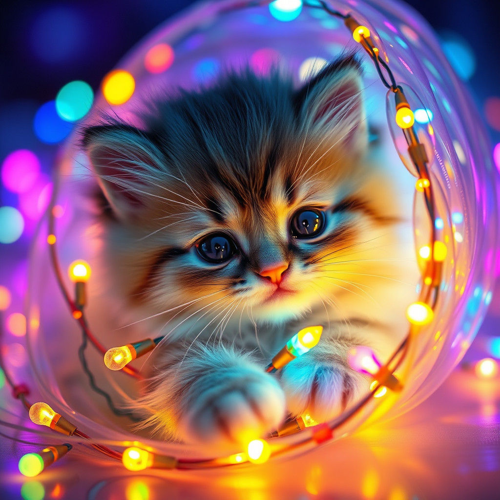 Whimsical Kitten in Glowing Holiday Lights