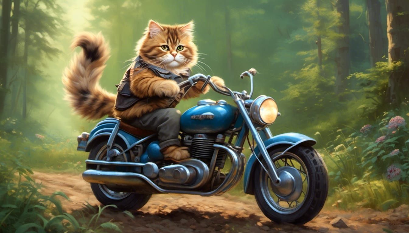 Fluffy Tabby Cat Rides Motorcycle