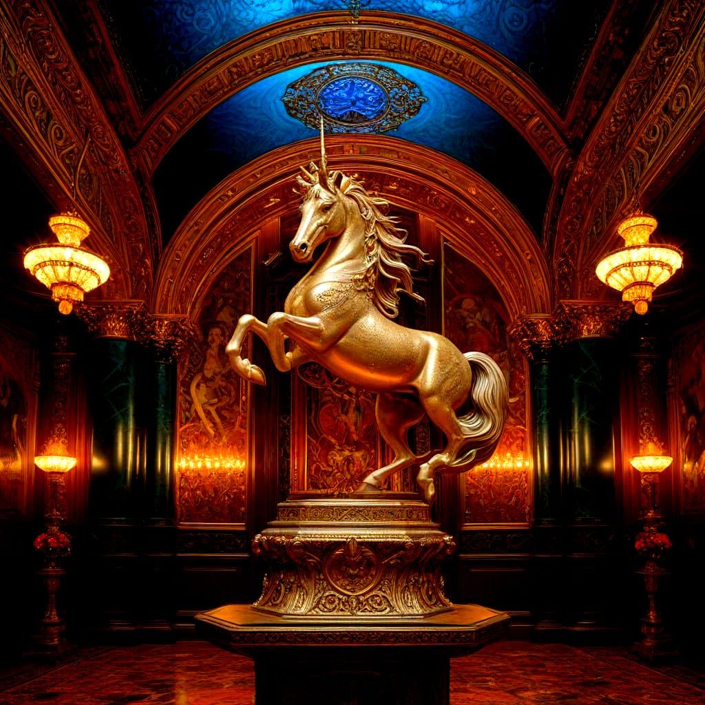 Majestic Unicorn with Gold Coin Horn on Banknote Pedestal