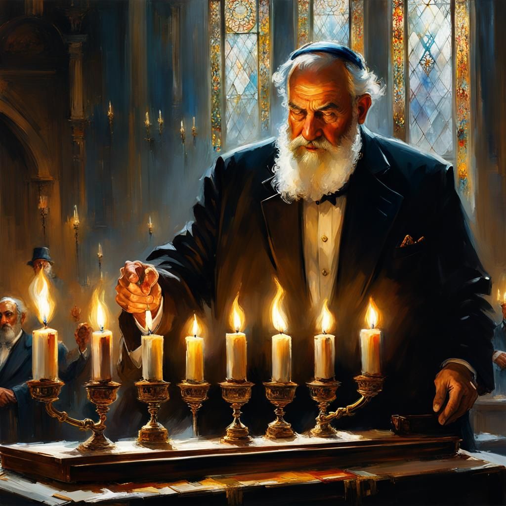 Rabbi lighting Hanukkah menorah in synagogue