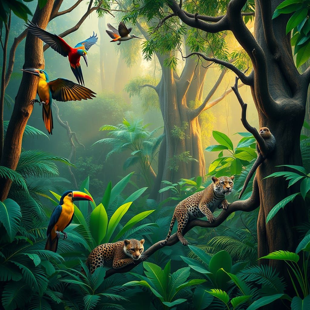 Exotic Rainforest Wildlife in Hyperrealistic Style