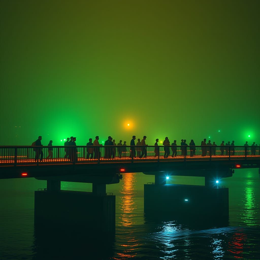 Neon Commute: Green and Orange People Crossing Bridge
