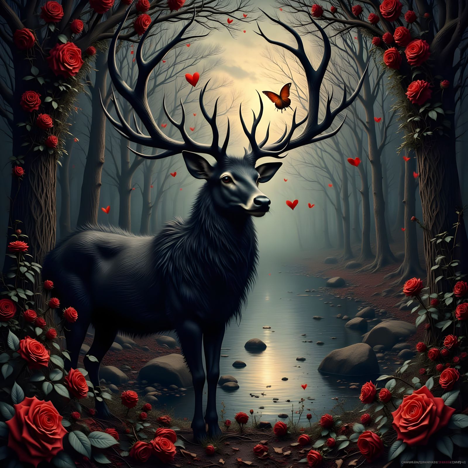 Gothic Stag With Roses Near Reflective River