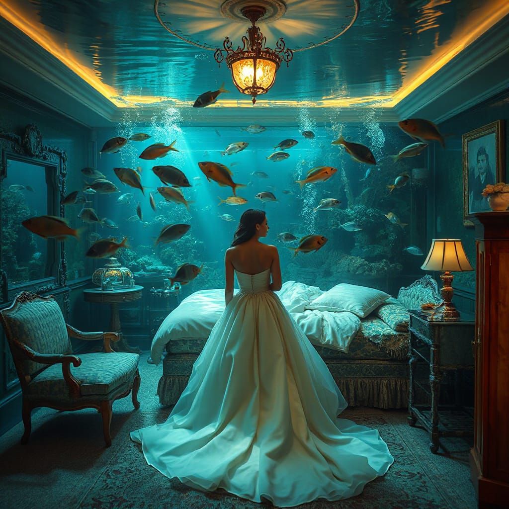 Underwater Bedroom with Woman, Digital Concept Art