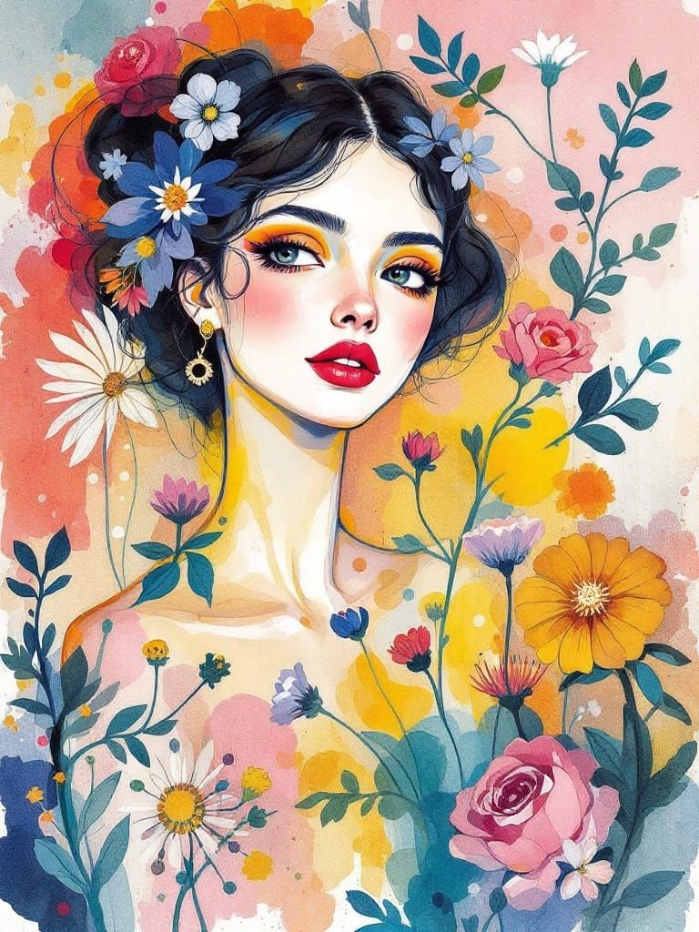 Vibrant Floral Goddess with Intricate Patterns and Expressiv...