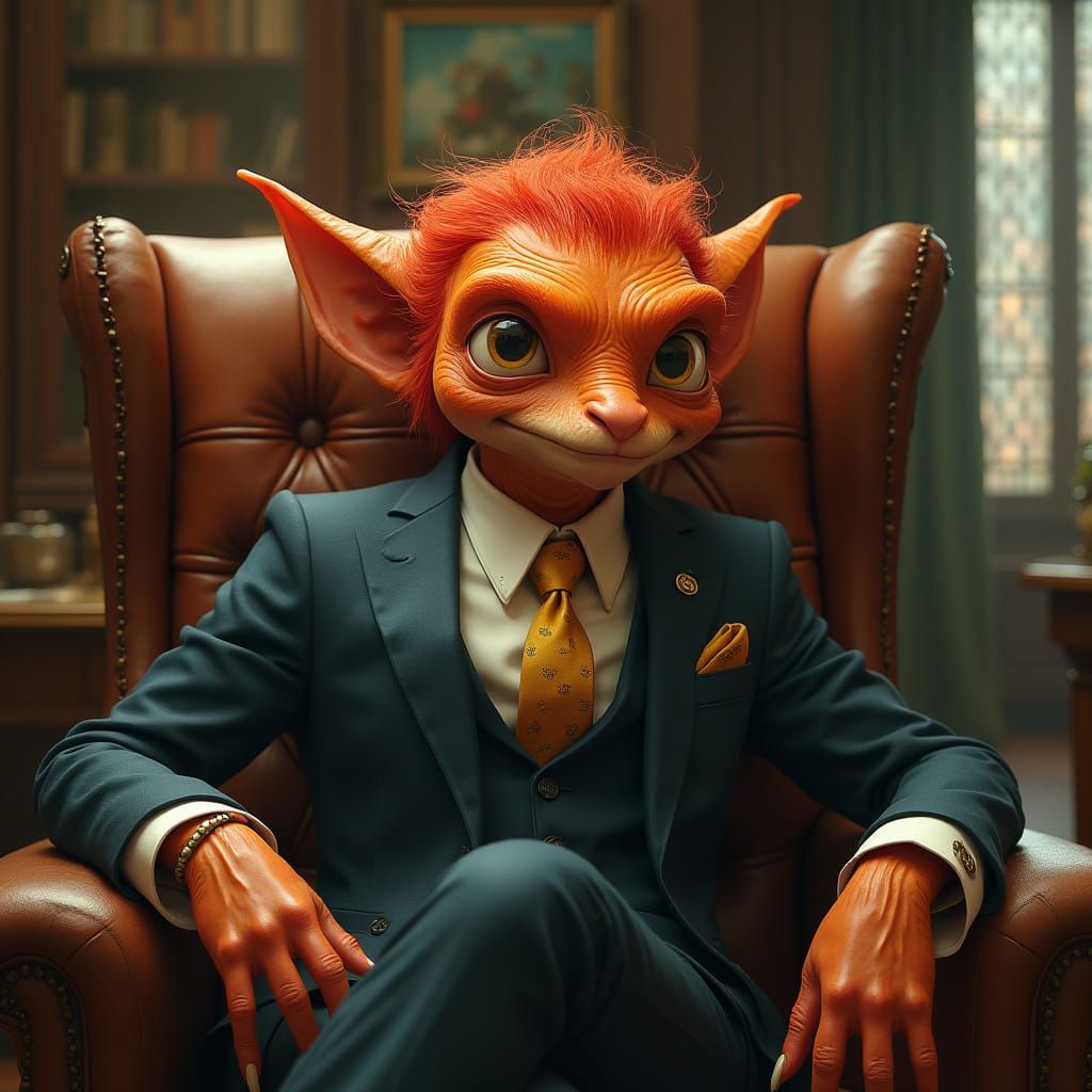 Luxurious Bank Chairman Goblin in Industrial Fantasy Style