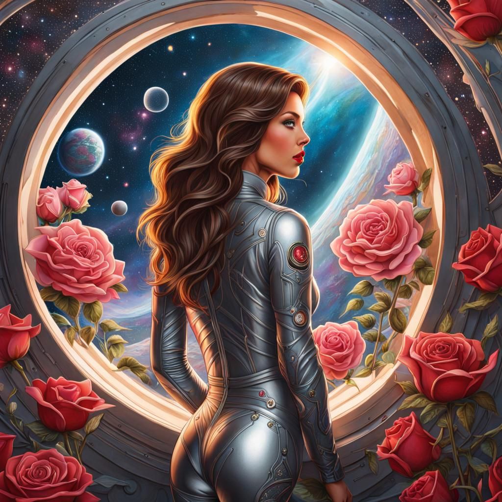 Woman Among Roses in Spaceship, Sci-Fi Art