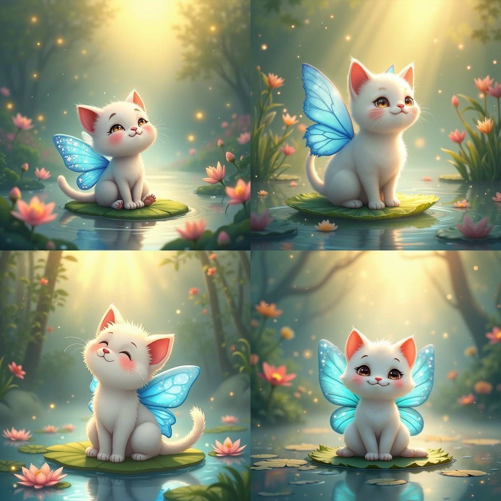 Charming Cat Fairy on Lily Pad in Cartoon Style