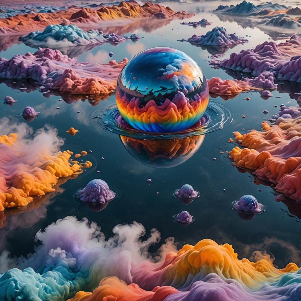 Vibrant Non-Newtonian Fluid Lake with Crystal Ball