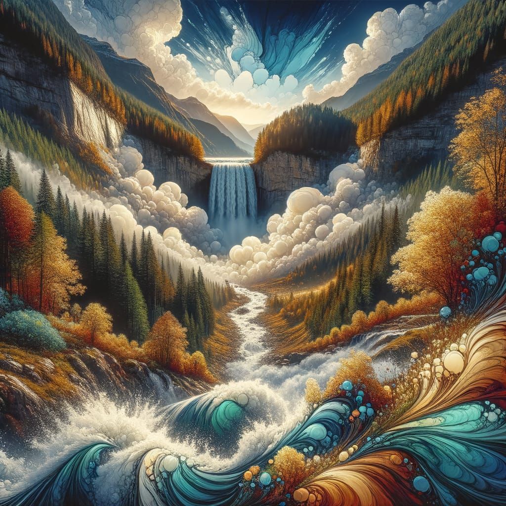 Autumn Waterfall Valley in Alcohol Ink Style