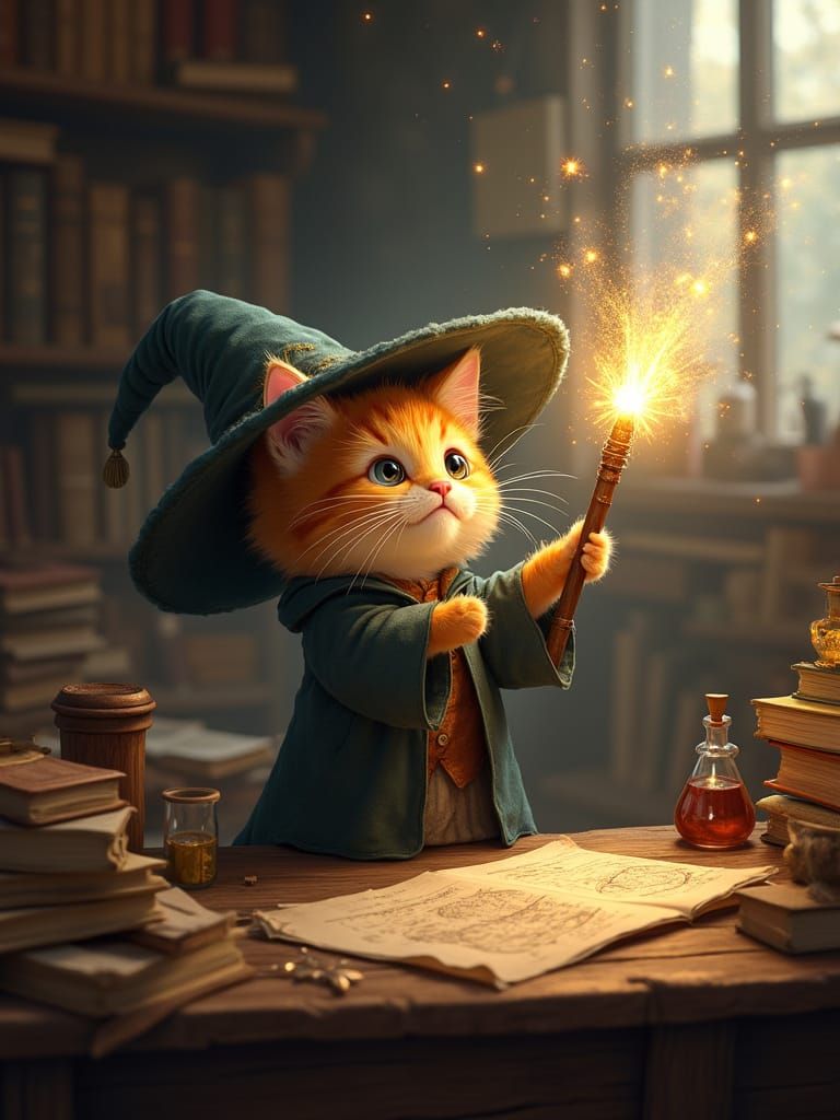 Kitten Wizard's First Spell in Painterly Realism