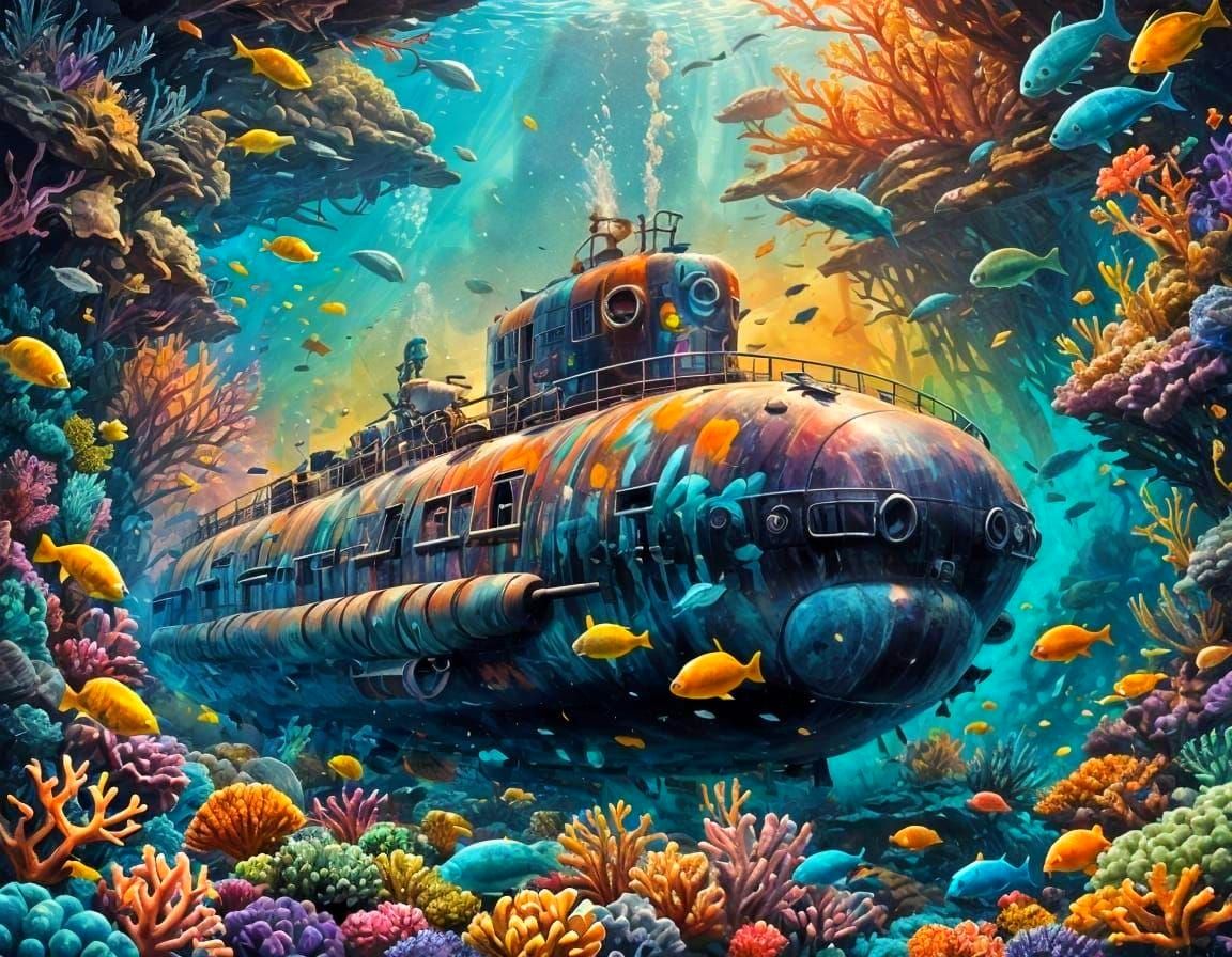 Gato Class Submarine Over Colorful Coral Reef
