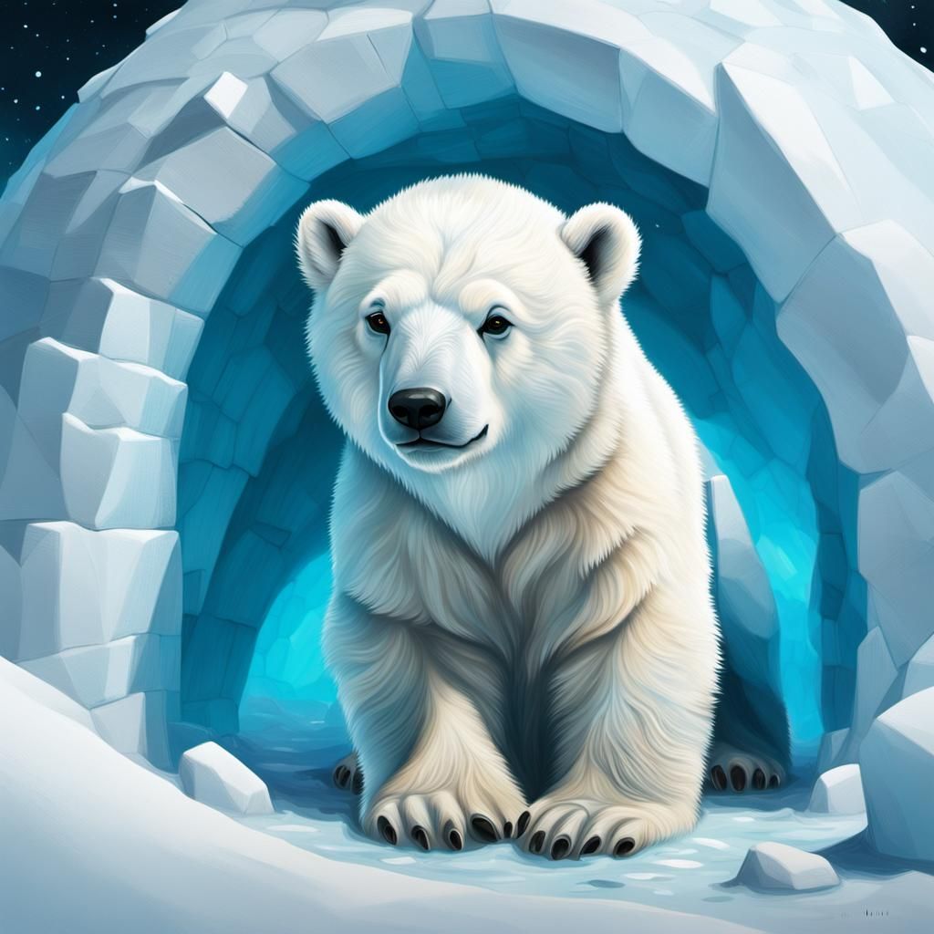 Baby Polar Bear in Igloo: Hyperrealistic Splash Art