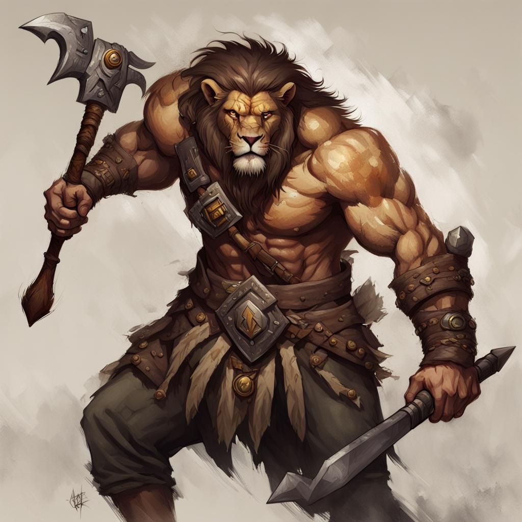 Lion Barbarian with Braided Mane, Digital Portrait