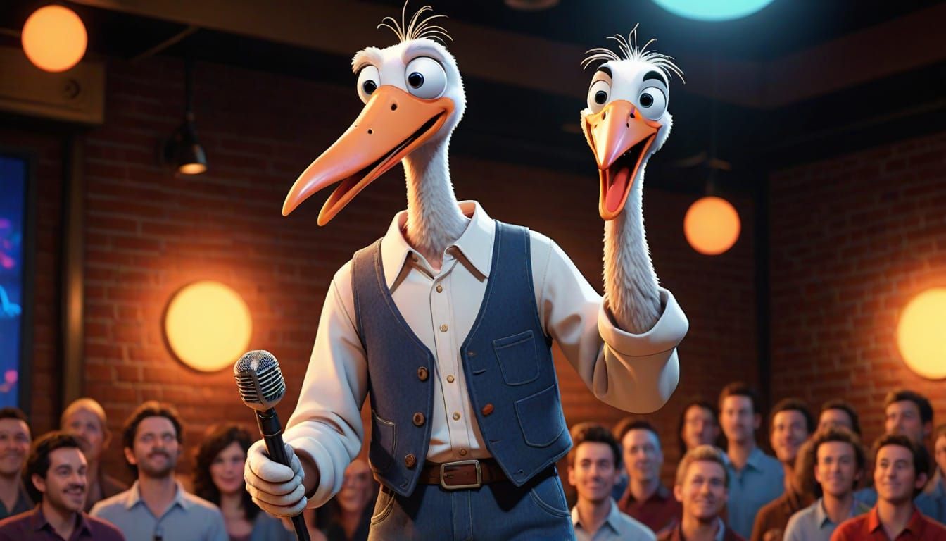 Stork Stand-Up Comedian in a Bright Comedy Club