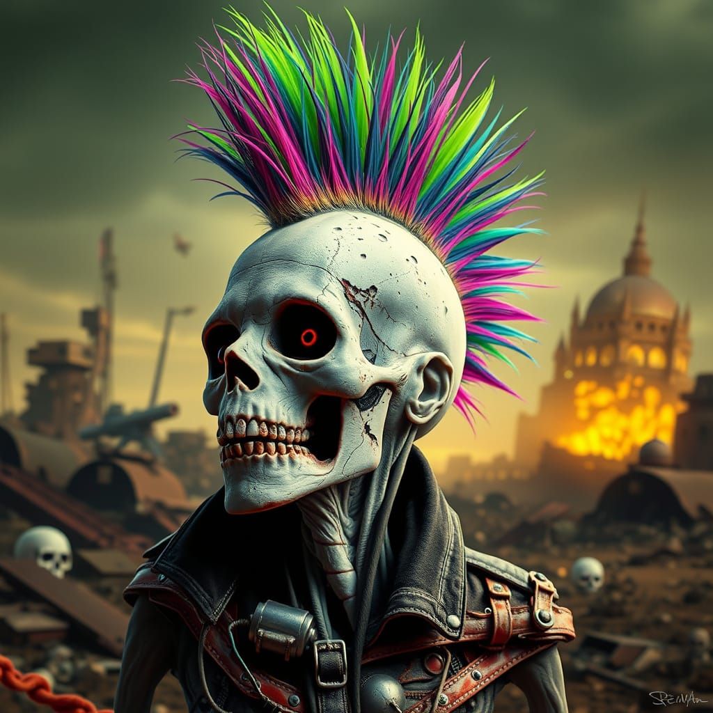 Neon Mohawk Corpse in Post-Apocalyptic Setting