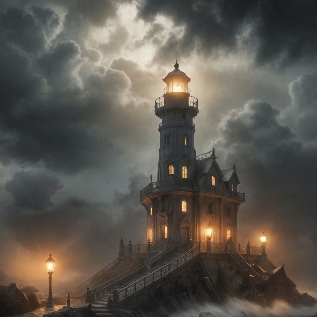 Rococo Lighthouse in Moody Stormy Night Scene