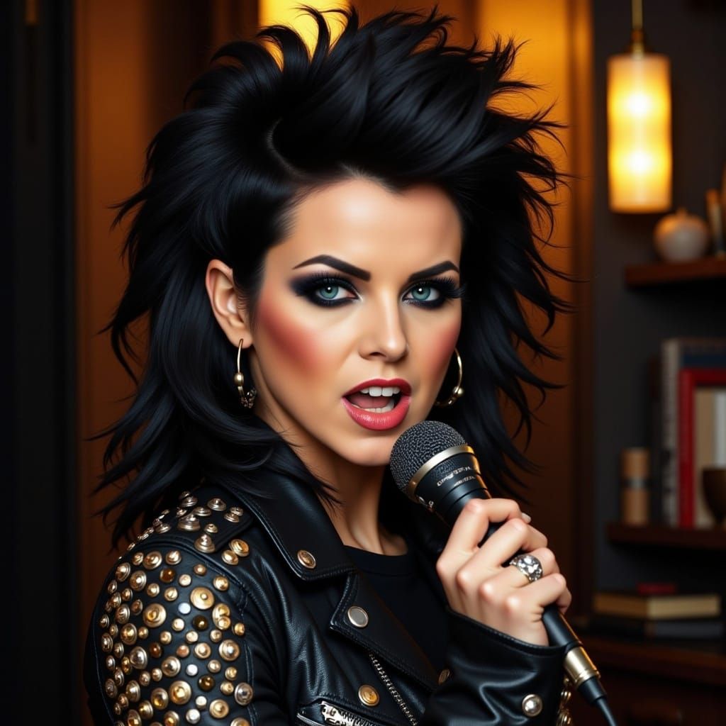 Fierce Singer with Microphone and Wild Hair