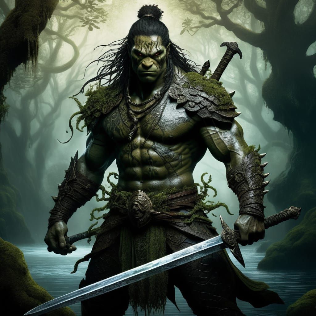 Cyberpunk-Style Four-Armed Warrior with Elemental Balance