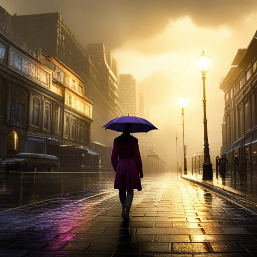 Girl in Rainy Cityscape: Dark Fantasy Art