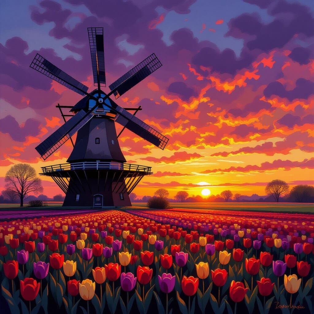 Dutch Windmill at Sunset in Vibrant Tulip Field Oil Painting