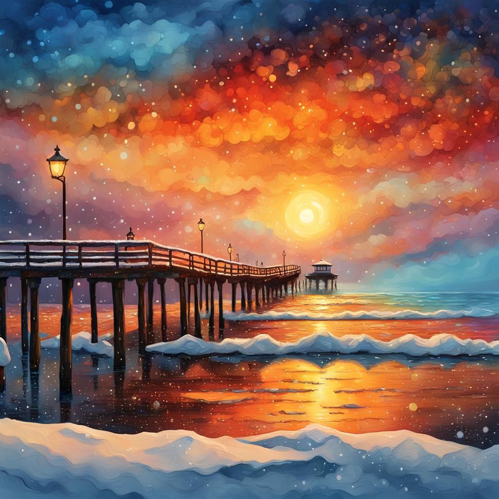 Winter Pier at Sunset in Vibrant Mixed Media