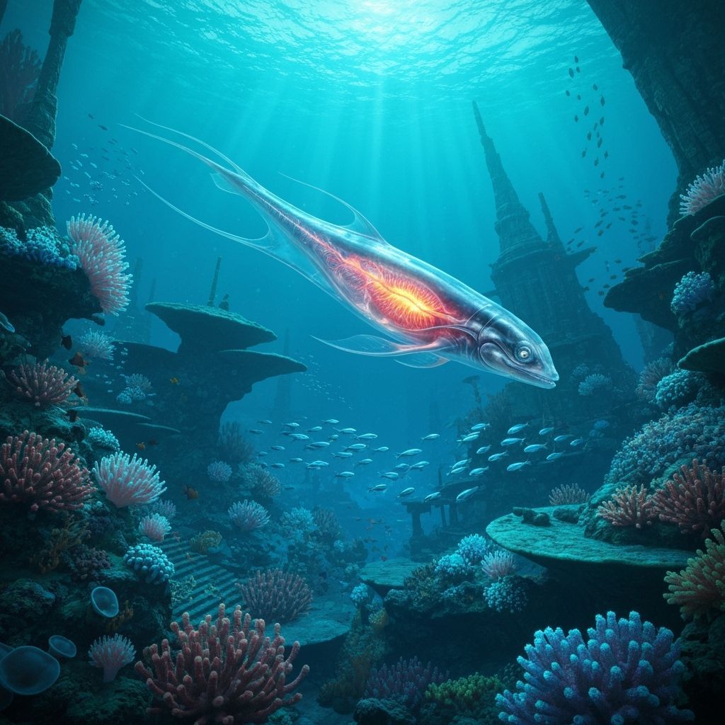 Bioluminescent Deep-Sea Creature in Alien Ruins