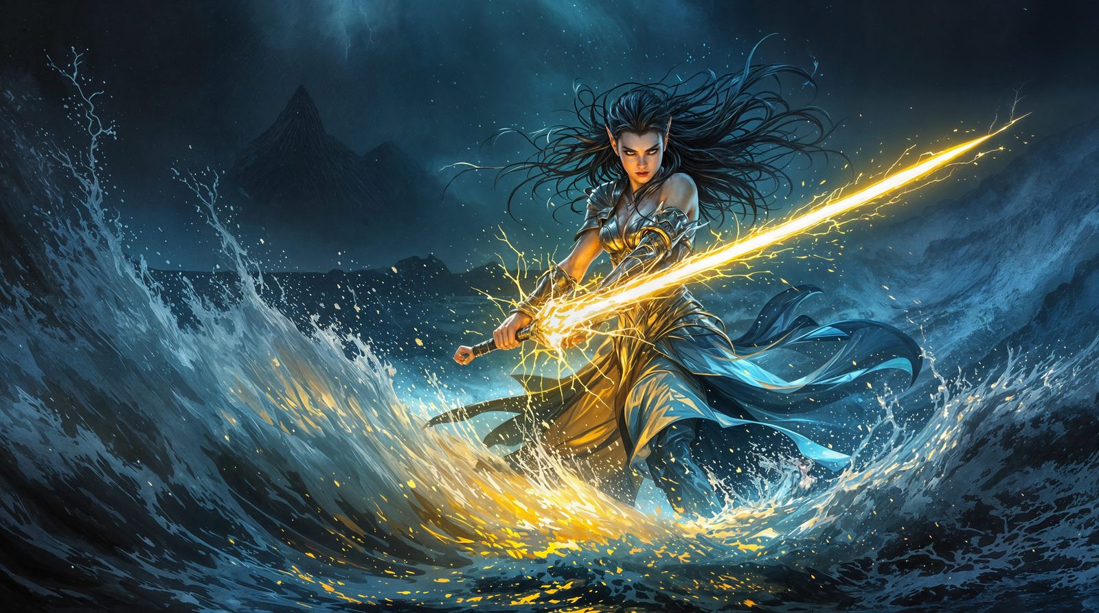 Ethereal Elf Warrior in Oceanic Storm